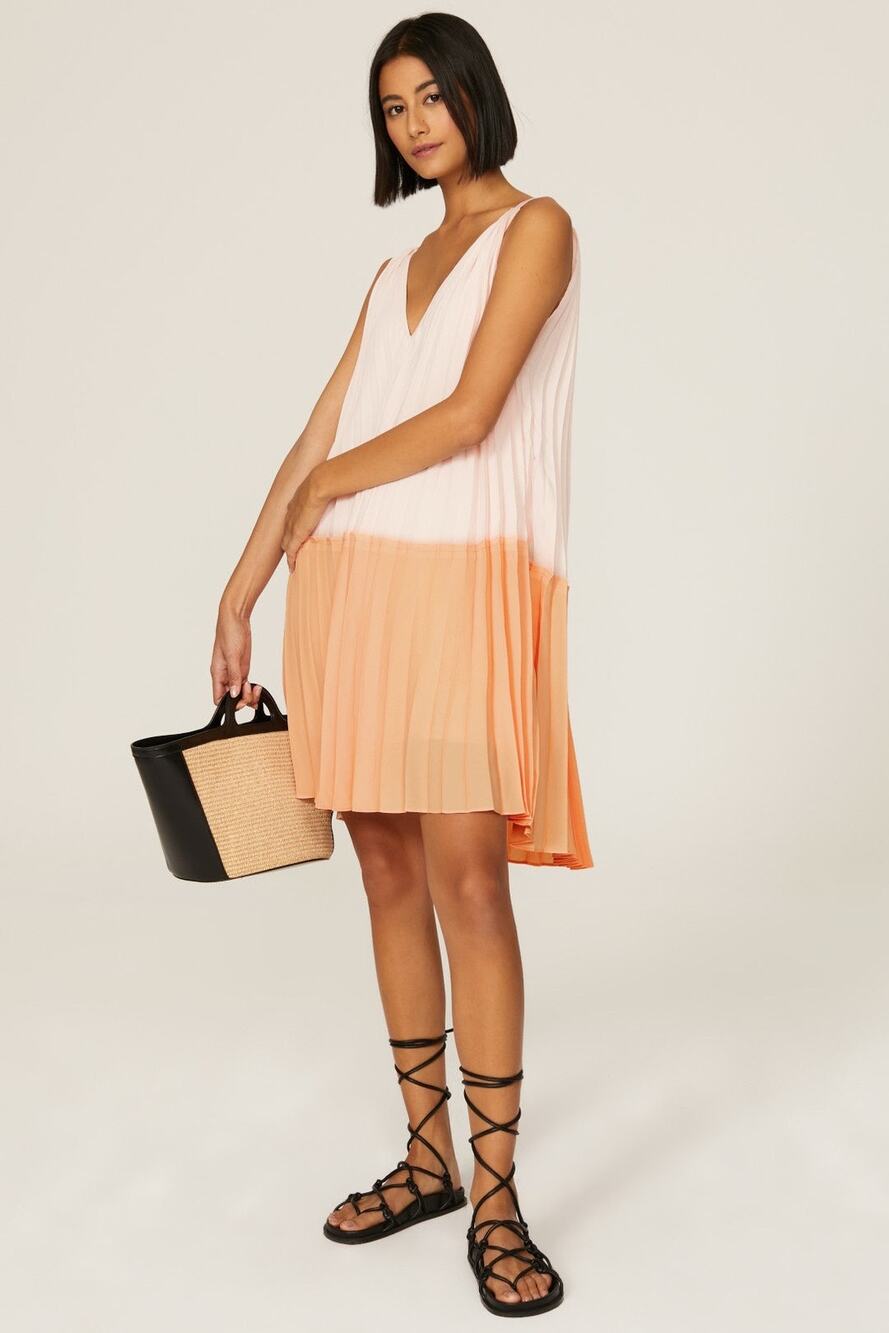 Tome Colorblock Orange Pleated V-Neck Sleeveless Tunic Mini Dress Size Medium